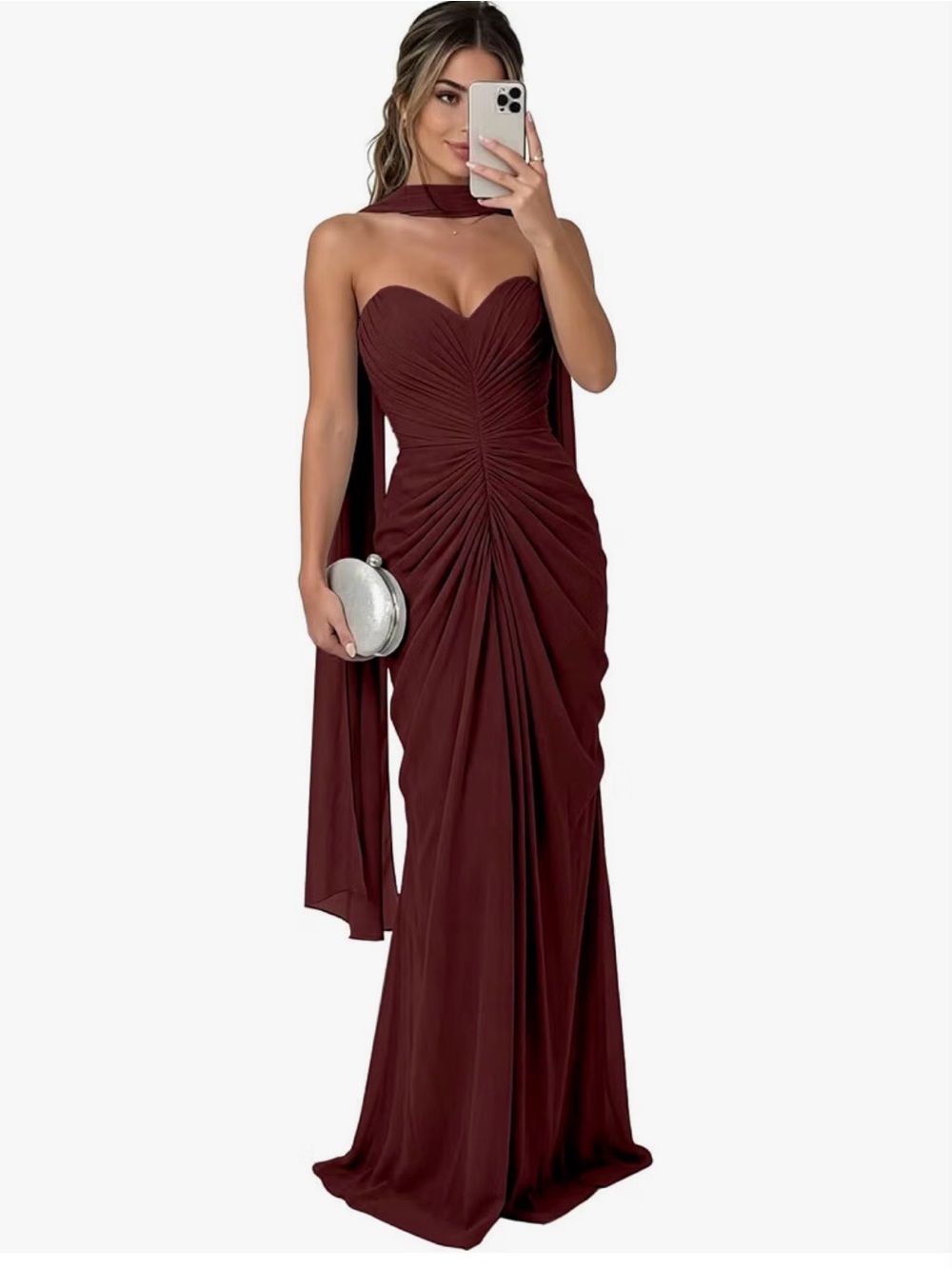 Strapless Burgundy Ruched Evening Gown